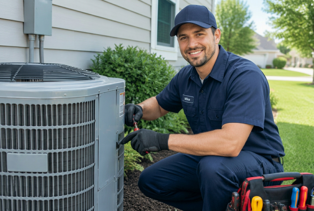 HVAC technician servicing an outdoor air conditioning unit